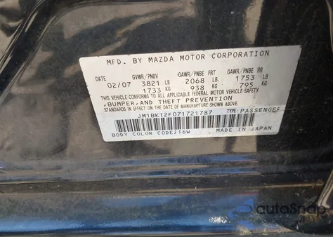 2007 Mazda Mazda3 I Sport from USA, damaged, VIN JM1BK12F071721787